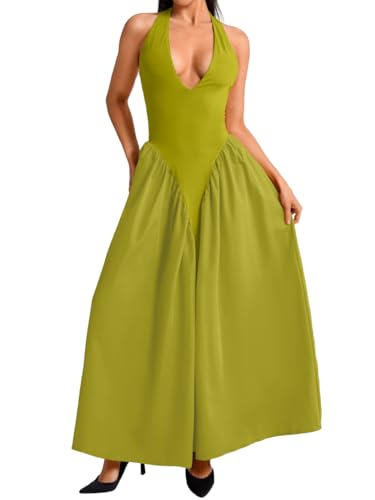 Image of ChiaoLezhee Deep V Neck Dress, Halter Maxi Dresses, Vacation Date Night, Sexy for Women Corset Flowy Wedding Guest Drop Waist