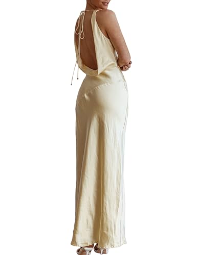 Image of KOUNAI Satin Backless Formal Maxi Dresses for Women Wedding Guest | Silk,Cowl Neck,Drape Neck,Open Back,Sleeveless,Tie Back,Elegant,Cocktail,Bridesmaid,Beach,Vacation,Party,Graduation,Midi