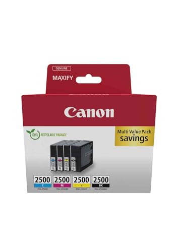 Canon PGI-2500 C M Y BK Vorteilspack 4 Tintenpatronen (Schwarz Cyan Magenta Gelb) Original [Umweltfreundliche Recycle-Kartonverpackung 2024]