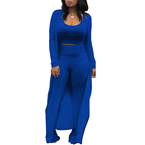 Image of Women's 2 Piece Outfits Set Ribbed Short Sleeve Casual Crop Top Wide Leg Pants Suit Set