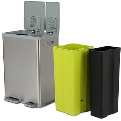 Simpli-Magic 16 Gallon (38L x 22L) Dual Compartment Step Trash Can Kitchen Garbage Can with Waste & Recycling Bins Slow-Close Lid, Odor Control, Hands-Free, Inner Bases, Brushed Stainless Steel