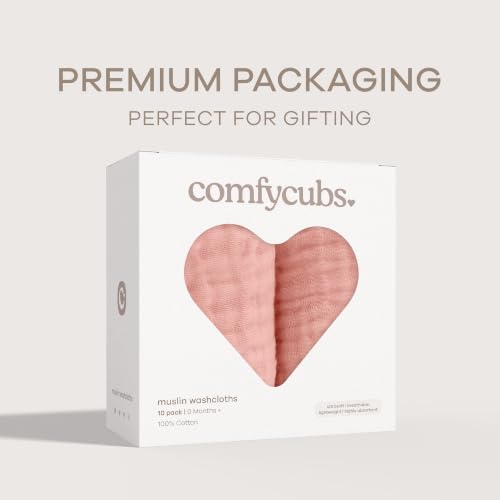 Image of Comfy Cubs Muslin Baby Washcloths 10 Pack - Soft 6-Layer Cotton Wash Cloths for Sensitive Skin - 10 inchx10 inch Large, Gentle, Absorbent Infant Essentials for Newborn and Toddlers - Bold Blush