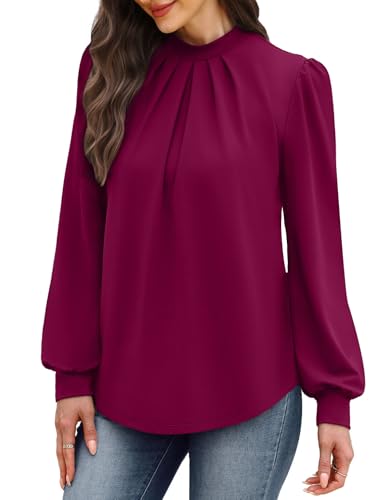 Image of WIHOLL Long Sleeve Shirts for Women Mock Neck Tops Pleated Front Blouses Dressy Casual Spring Fall Clothes 2026 Fashion