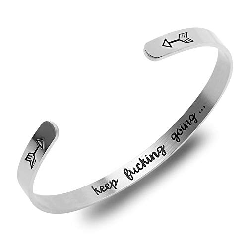 Inspirational Cuff Bracelet Bangle Keep Going Motivational Mantra Quote Stainless Steel Engraved Best Friend Sister Gift for Women Teen Girls with Hidden Message