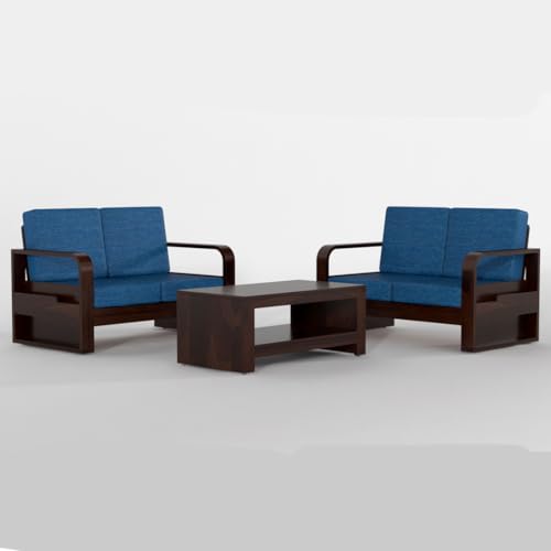 Image of Solid Sheesham Wooden 4 Seater Sofa Set for Living Room | Sofa Set with Side Pocket Storage & Cushion | Rosewood Sofa Set for Home (Walnut with Blue Cushion, 4 Seater)