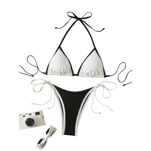 Fryloo bañador Sexy Contraste Micro Bikini para Las Mujeres, Traje De Baño 2 Piezas Femenino Mini Tanga Bikinis Set Dos Piezas-negroblanco-s