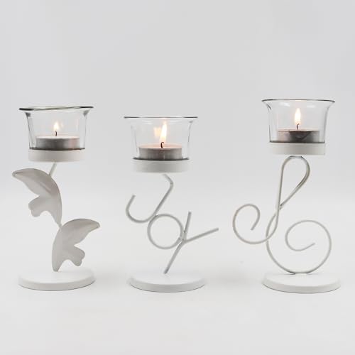 Image of Hosley Clear Glass Tealight Candle Holders|White Tealight Candle Holders with Glass Holders Perfect for Home Decor, Birthday,Wedding,Parties,Tabletop,Centerpiece| Pack of 3, with Pack of 3 Tealights
