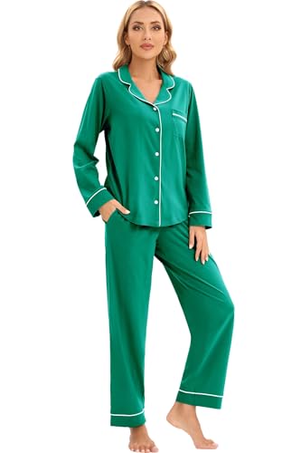 Image of LUBOT 100% Cotton Pajamas for Women Pajama Set Soft 2 Piece Sleepwear PJ Set Long Sleeve Button Knit Cozy Loungewear XS-XXL