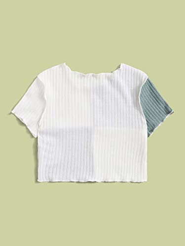 Image of Milumia Girl's Rib Knit Color Block Crop Tee Short Sleeve Lettuce Trim Crewneck Tshirt