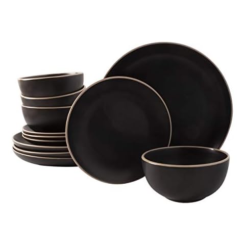 Gibson Home Rockaway Round Stoneware Dinnerware Sets, Service for 4 (12pcs), Black Cover