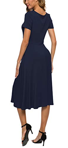 Image of EXCHIC Women's Casual Round Neck Short Sleeve Midi Dress Solid Stretchy Waist Knee Long Dress