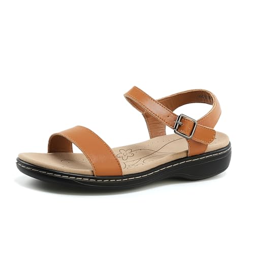 Image of Women's Classic Flat Sandals Leather Open Toes Memory Foam One Band Ankle Strap Adjustable Slip On Shoes