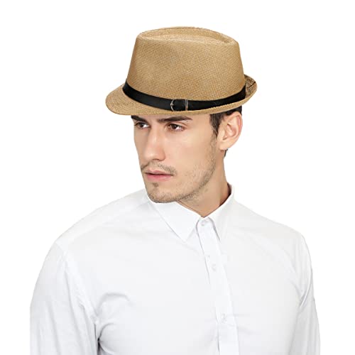 Image of SIQITECHNO Straw Fedora Sun Hat Straw Cowboy Hat for Women Men Classic Short Brim Fedora Trilby Roll Up Panama Jazz Beach Cap