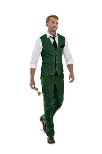 High-End Suits Roupa masculina casual de linho bege 2 peças ternos de casamento slim fit padrinhos smoking verão linho colete calça, Verde escuro, GG