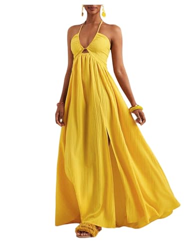 SOLY HUX Women's Summer Halter Maxi Dress Sleeveless V Neck Split A Line Flowy Long Dresses Vacation Sundress