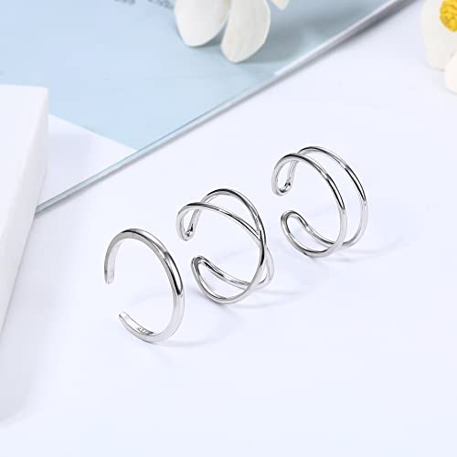 PATISORNA 3Pcs 925 Sterling Silver Open Adjustable Rings for Women Men Stackable Cross Arrow Heart Moon&Star Paperclip Rings Hypoallergenic Thumb Knuckle Simple Ring Set Size 6-92