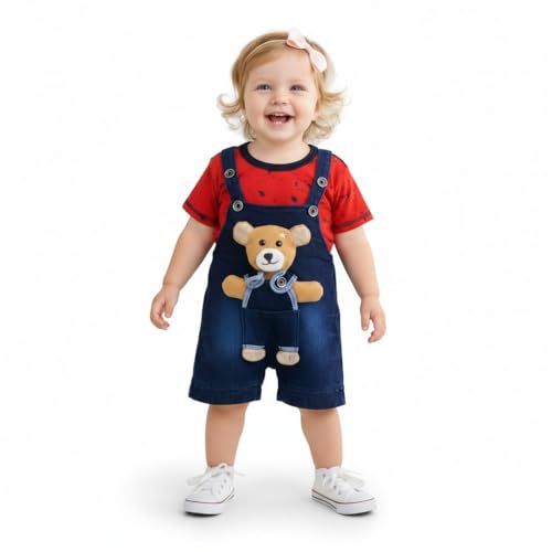 Image of A.T.U.N. (ALL THINGS UBER NICE) Baby Girls Cotton Denim Dungaree Set with 3D Teddy Bear Design |Printed T-Shirt with Adjustable Straps | Stylish & Comfortable Daily Outfit for Baby Unisex