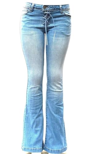 Jack David Womens Junior 70s Trendy Slim Fit Flared Bell Bottom Denim Jeans Pants (0, JD-90039.Light Blue Bell-bottm)