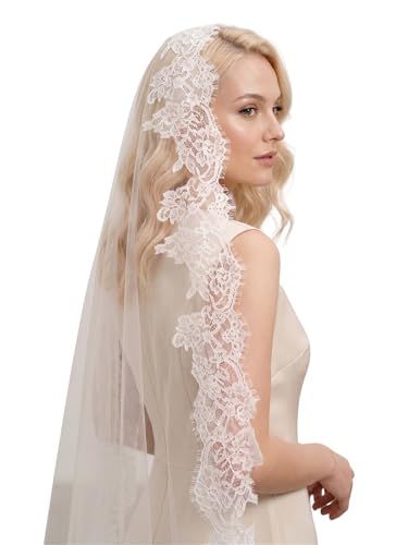 Ophea Veily Mantilla Bridal Veil French Lace Eyelash Edge Fingertip Wedding Veil with Comb for Bride