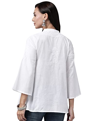 Image of Ada Hand Embroidered Lucknowi Chikankari Cotton Top for Women A911233 | Lucknowi Short Kurta Kurti Tunic Casual Wear Ethnic Wear Chikan Work Straight handcrafted top Kurti for Office
