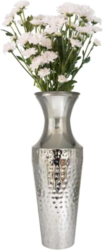 Image of Hosley 18 Inch High Silver Color Metal Hammered Vase| Modern Flower Vase for Pampas Grass, Dried Flowers, Home & Office Decor, Centerpiece, Wedding Home, Handcrafted Gift Flower Vase, Pack of 1