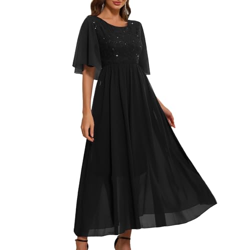 Women's Wedding Guest Long Dress Cocktail Party formal Cape Ruffle Sleeve Chiffon Lace Sequin Dress