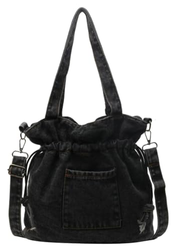 Women's Denim Canvas Tote Bucket Bag Drawstring Crossbody Shoulder Purse Vintage Shoulder Handbag Commute Travel Bag