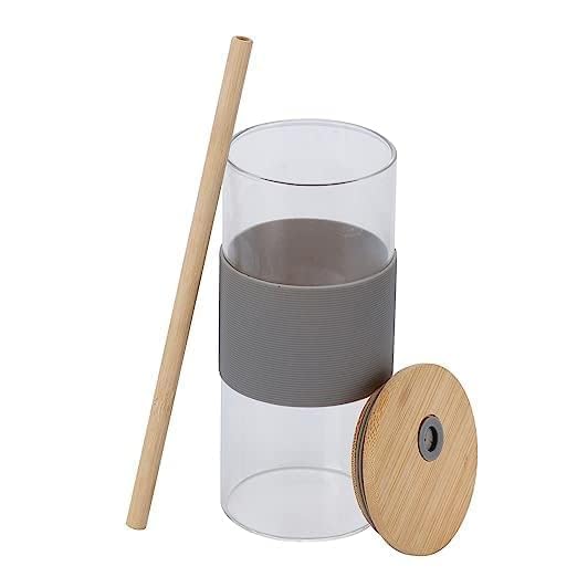 Image of 2 Litre Electric Borosilicate Glass Kettle (with blue indicator light) with 400ML Glass Tumbler, Bamboo Lid, Straw & Silicone Sleeve | Stylish Combo for Home, Office & Gifting (TRANSPARENT)