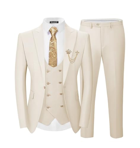 SPTALLFITJSV 3 Piece Suit Men Beige Mens Double Breasted Blazer Tuxedo Suits Set for Formal Wedding Business Prom Party, Size X-Large