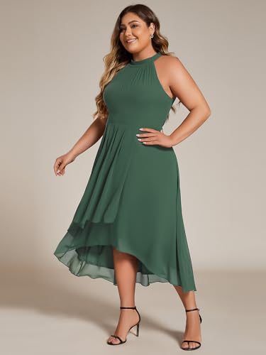 Image of Ever-Pretty Plus Women's Sleeveless Halter A Line Pleated High Low Plus Size Wedding Guest Cocktail Dresses 31926-DA