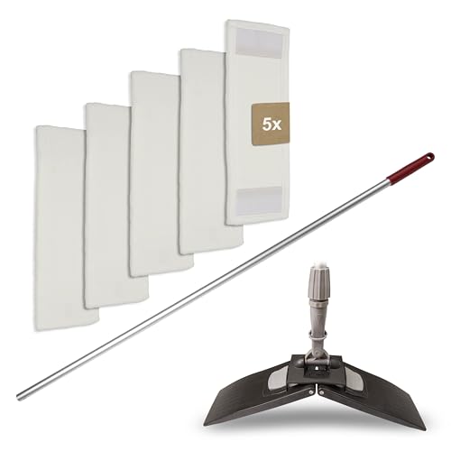 G.I.V. - Reinigungstechnik Bodenwischer Set Moppstange Aluminium mit Rändelhandgriff + Klapphalter & 5x Microfasermopp Bezug 50cm - Wischbezug Microfaser - Wischer Bodenreinigung - Wischmopp mit Stiel