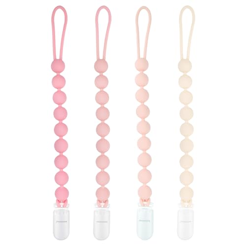 MINMUNJIU Baby Girl Newborn Essentials, 4 Pack Silicone Pacifier Clips for Girls, One Piece Flexible Soft Binky Clips Baby Stuff and Gifts for Girls