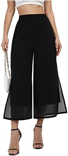 Women's Summer Capris Wide Leg Palazzo Pants Dressy Casual Split Chiffon Trousers