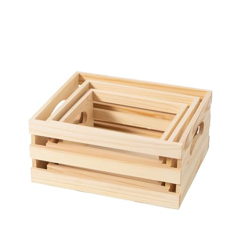Set of 3 Rustic Wooden Nesting Crates with Handles, Decorative Wood Crates, Crate Box Wooden Storage Box for Kitchen, Office, Bedroom, Closet, Rustic Country Decor (Large Size 9.4 x 7.8 x 4.3 in)