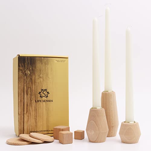 Wooden Candlestick Holders For Taper Candles Set Of 3 | Luxury Wood Candle Holders With Gold Cups And Decorative Wooden Cubes | Fireplace Candle Holder | Console Table Decoration Pieces #TOP3