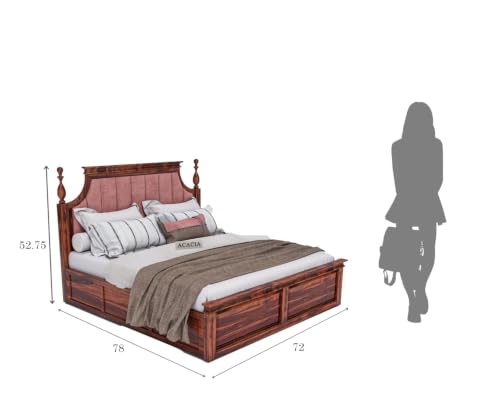 Image of Craft Wooden King Size Bed with Storage | Double Bed Cot Bed with Box Storage & Pink Colour Upholstered Cushioned Headboard for Bedroom, Solid Wood Sheesham, Honey Finish