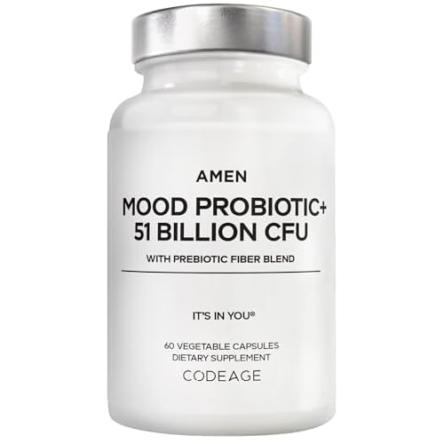 Amen Mood Probiotic Supplement 51 Billion CFU – Organic Prebiotics and Probiotics – Acidophilus Probiotic Pills, Fibers – Mood Organic Ashwagandha, Blueberries – Vegan & Non-GMO – 60 Capsules