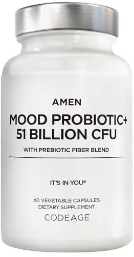 Amen Mood Probiotic Supplement 51 Billion CFU - Organic Prebiotics and Probiotics - Acidophilus Probiotic Pills, Fibers - Mood Organic Ashwagandha, Blueberries - Vegan & Non-GMO - 60 Capsules