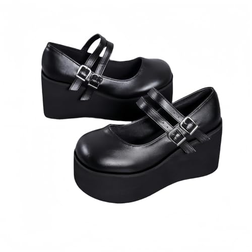 Image of Women's Platform Mary Janes Heart Cat Buckle Rivets Ankle Lolita Gothic Princess Platform Pumps Patent Leather Thorn Vintage Traditional Embroidery Upper Dress Shoes