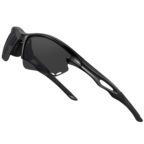 Bircenpro Sport Polarised Sunglasses for Men: TR90 Wrap Around Cycling Glasses UV Protection Lightwight for Driving Golf Black Lens