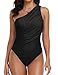 Hilor Women's Ruched One Shoulder Swimsuit Black Asymmetrical One Piece Swimwear Long Lorso Bahting Suit Monokini 12