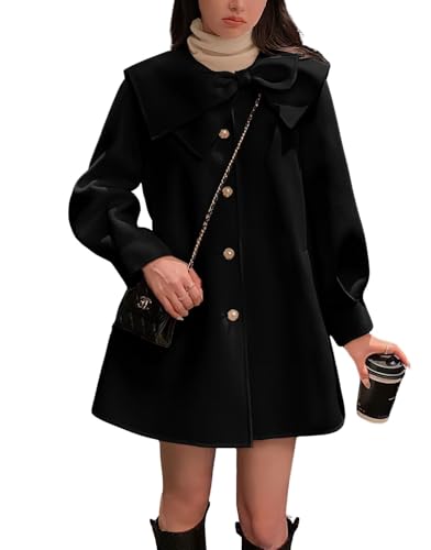 chouyatou Women's Cute Bow Lapel Collar Wool Coat Single Breasted
