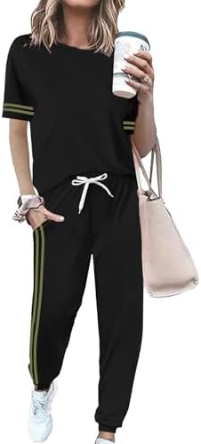 Women 2 Piece Outfits Summer Set Striped Short Sleeve Sweatsuits ...