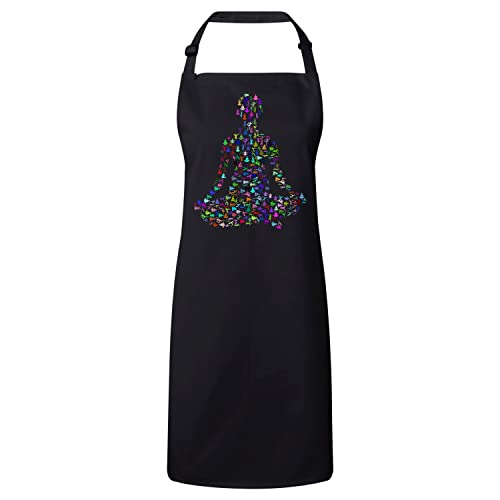 Tablier cuisine premium noir motif yoga méditation et accessoires de cuisine bien être