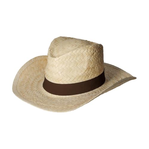 Strohhut ’Texas’ Unisex - Vielseitiger Sonnenhut für Damen und Herren - stylischer Cowboyhut mit Klettverschlussband als Hingucker - Perfekt für Garten, Strand und Urlaub, Farbe:natur/braun
