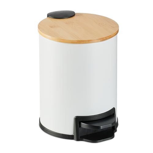 Relaxdays Mülleimer Bad, 3 l, Kosmetikeimer Absenkautomatik, Bambusdeckel, entnehmbarer Inneneimer, Treteimer, weiß