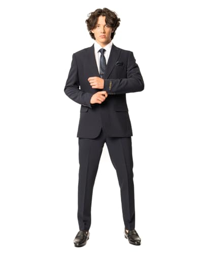 Slim Fit Men Suit Stretchy Spandex Peak Lapel 2 Button Flat Front Pants 9936 (US, Numeric, 38, Short, Navy Blue)3