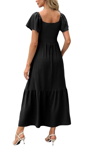 Image of OFEEFAN Summer Dresses for Women Square Neck Ruffle Sleeve Smocked Maxi Dress with Pockets