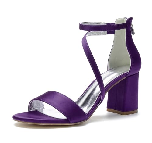 Womens Wedding Shoes High Heels Chunky Block Round Toe Toe Heels for Women Dressy Open Toe Chain Heel Sandals,Dark Purple,8(Dark Purple,7) - Main Image