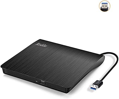 Rioddas External CD Drive, USB 3.0 Portable CD/DVD +/-RW Drive Slim DVD/CD ROM Rewriter Burner Compatible with Laptop Desktop PC Windows Linux OS Apple Mac(Black)